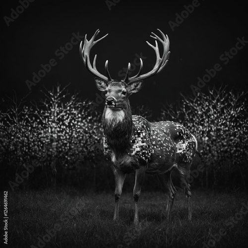 A pixel-art deer standing on a digital black-and-white background.