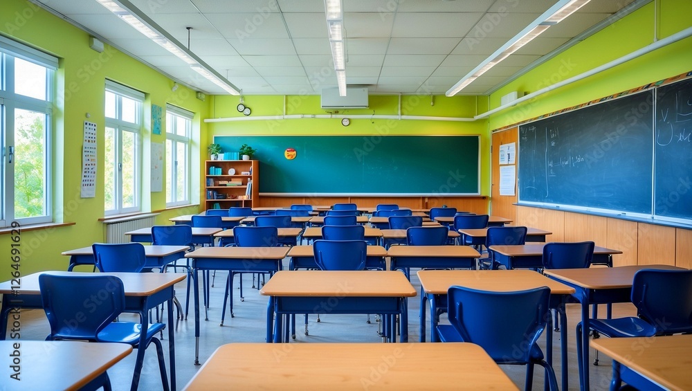Fototapeta premium Bright classroom chairs ready for engaged learning