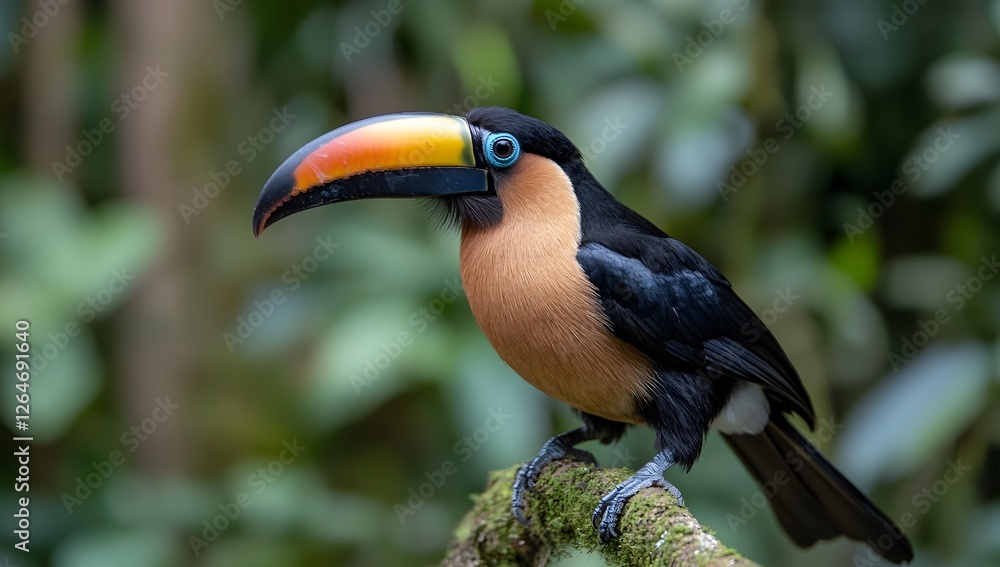 Collared Aracari perched rainforest branch, vibrant plumage, lush background, wildlife poster Collared Aracari perched rainforest branch, vibrant plumage, lush background, wildlife poster