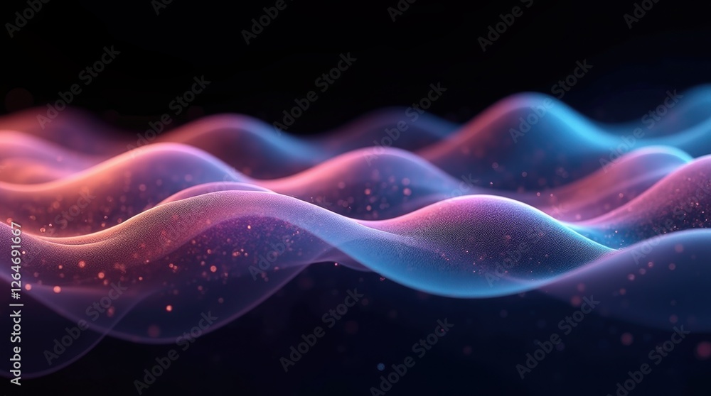 Abstract wave lines pattern, iridescent holographic light shifting between cyan, pink, and violet, fluidly flowing in a futuristic dance, isolated on black background Abstract wave lines pattern, iridescent holographic light shifting between cyan, pink, and violet, fluidly flowing in a futuristic dance, isolated on black background