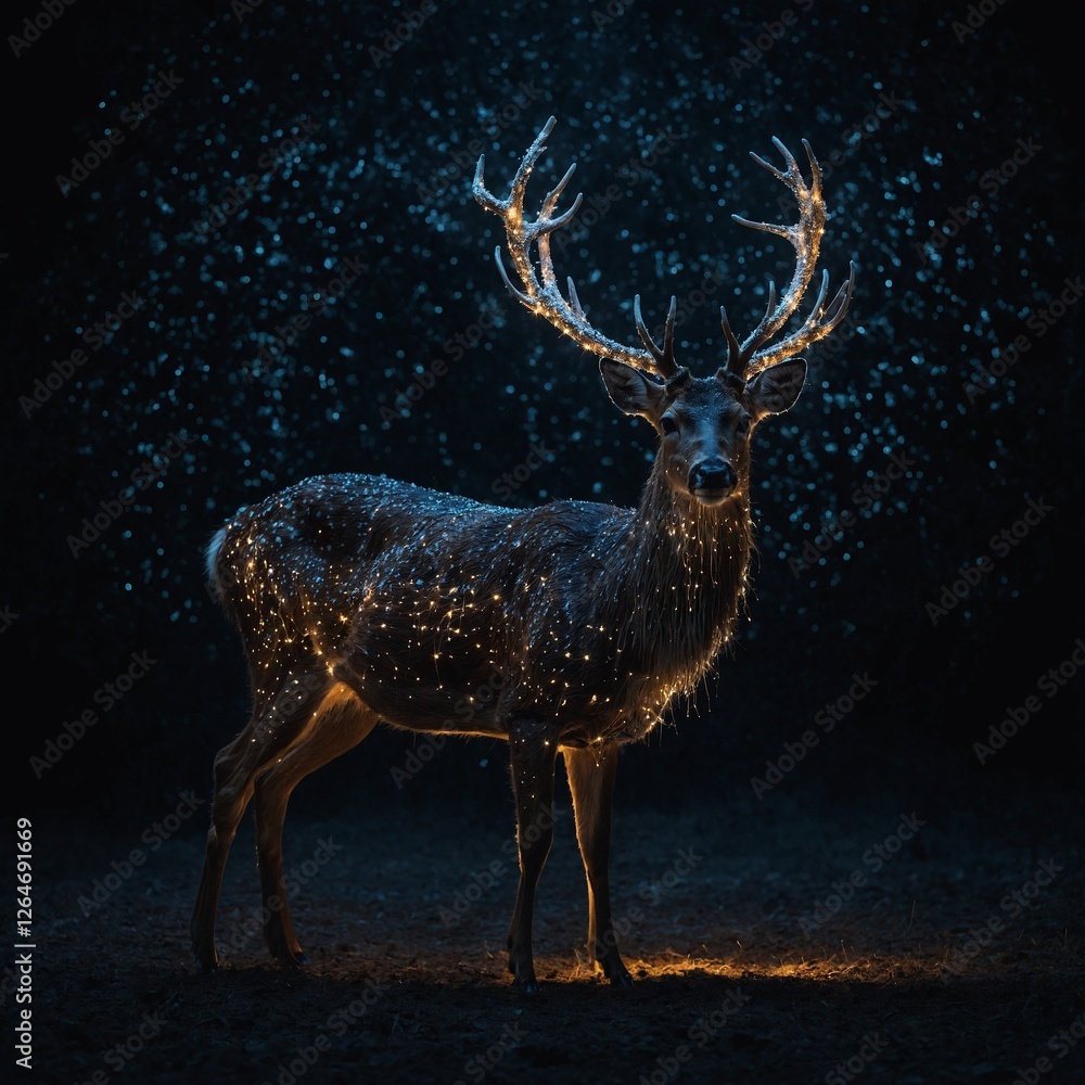 A deer made entirely of light particles standing against a black void. A deer made entirely of light particles standing against a black void.