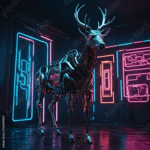 A futuristic robotic deer standing motionless against a cybernetic neon backdrop.