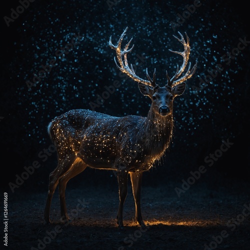 A deer made entirely of light particles standing against a black void.