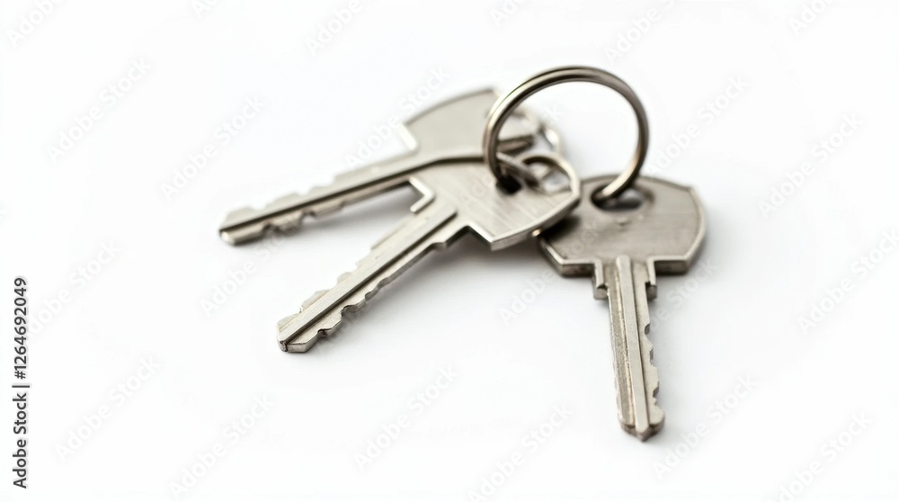 Shiny Metal Keys with Keyring on White Background Shiny Metal Keys with Keyring on White Background