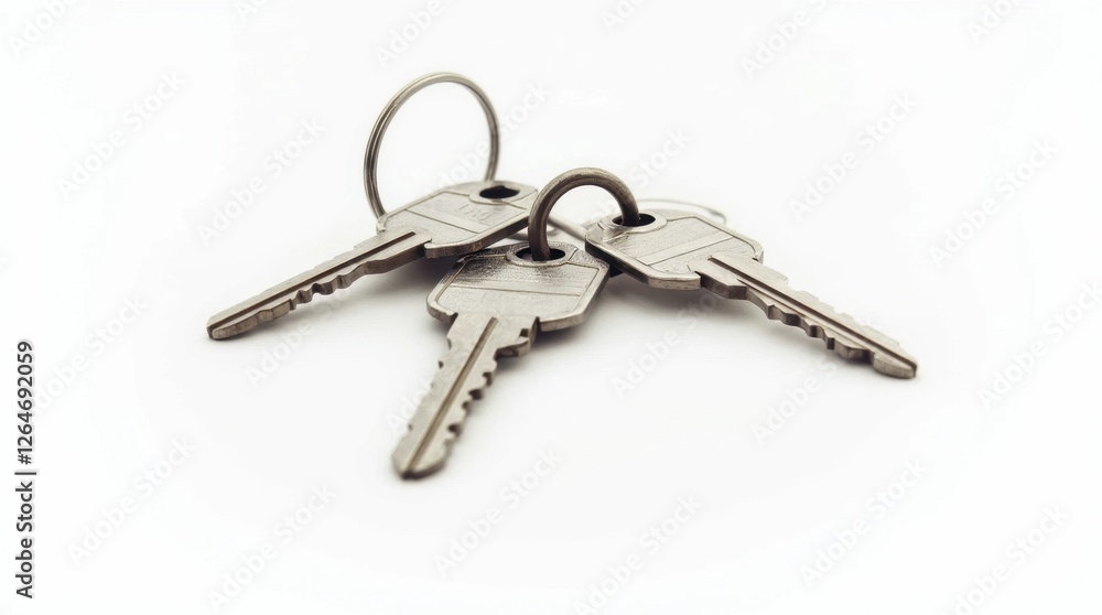 Shiny Metal Keys with Keyring on White Background Shiny Metal Keys with Keyring on White Background
