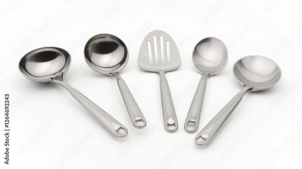 Set of Metal Kitchen Utensils on White Background Set of Metal Kitchen Utensils on White Background