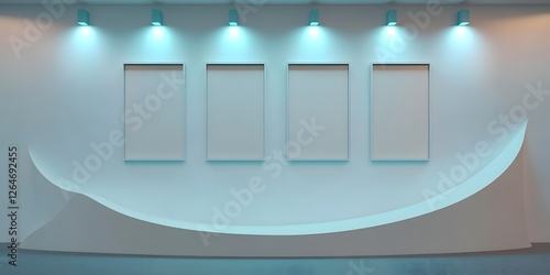 A curved white wall with five cyan spotlights, showcasing four rectangular blank frames forming a cascading wave.