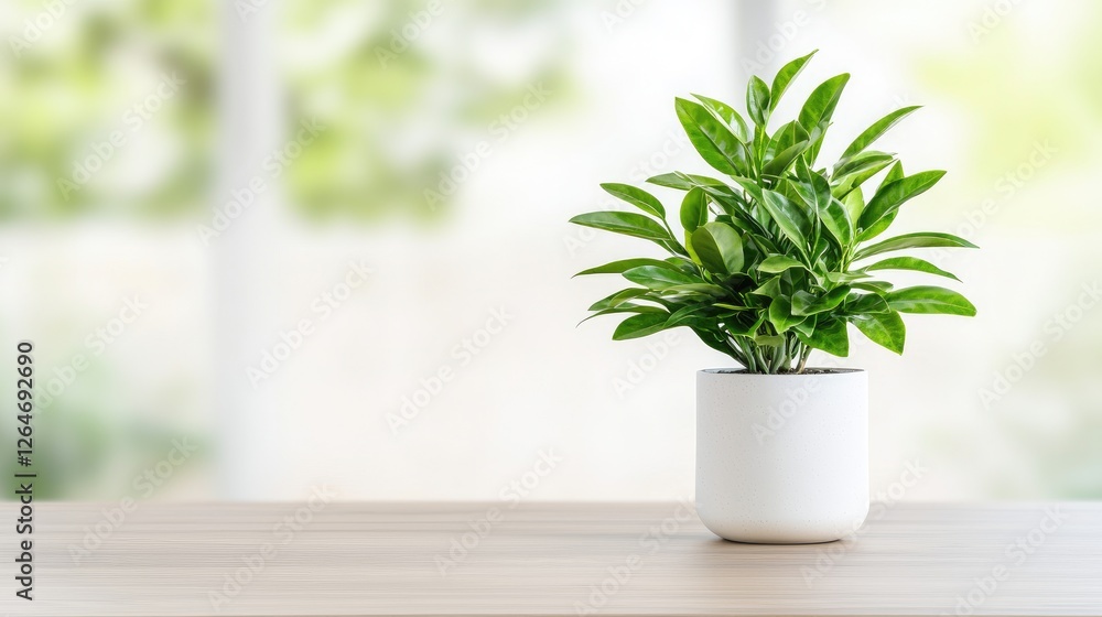 Houseplant in white pot on light brown table in front of blurred window. Possible use Stock photo for home decor Houseplant in white pot on light brown table in front of blurred window. Possible use Stock photo for home decor