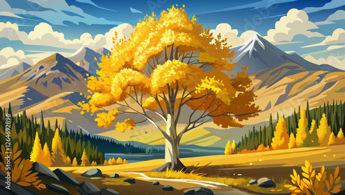 United States, Idaho, Aspen tree with yellow leaves in Autumn