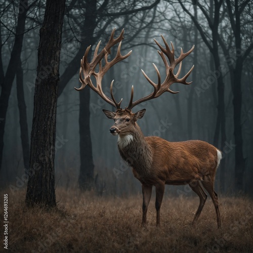 A deer standing in a graceful posture, its antlers arched like a chandelier.