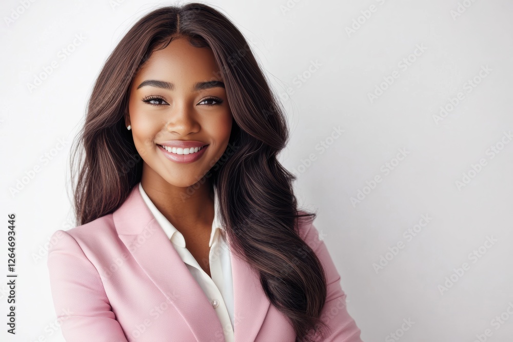 Fototapeta premium Exuding professionalism and leadership, Black women in pastel pink business suits are perfect for business marketing focused on modern style.