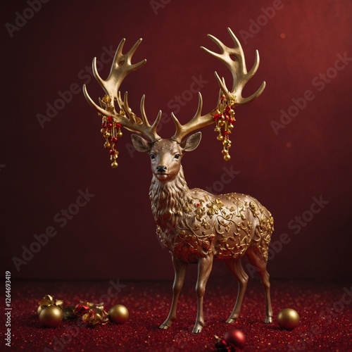 A festive deer standing with tiny golden bells on its antlers, set against a pure red background.