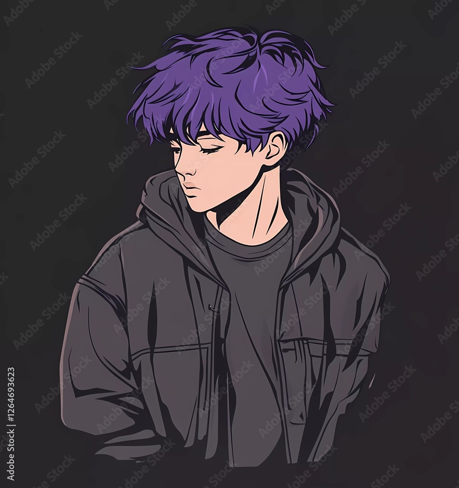 A vector design for a t-shirt featuring an anime boy with short purple hair and a black jacket, isolated on a dark grey background. A vector design for a t-shirt featuring an anime boy with short purple hair and a black jacket, isolated on a dark grey background.