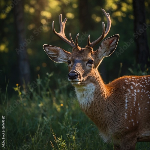 A deer in summer lighting, its fur glowing warmly against a plain canvas.