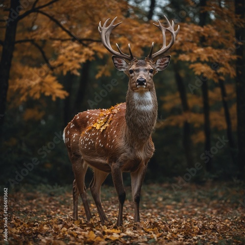 A deer standing with autumn leaves gently resting on its back, isolated on a neutral surface.