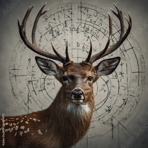 A deer with ancient runes etched into its fur, standing against a blank canvas.