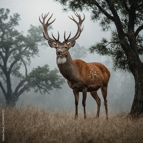 A deer standing with an air of wisdom, its antlers resembling a branching tree on a white background.