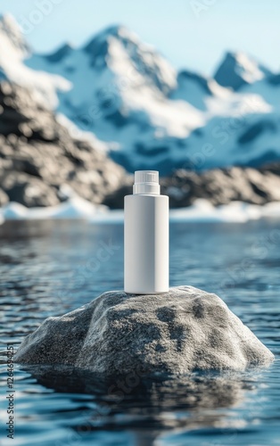 White bottle on a rock in an icy mountain lake scene
