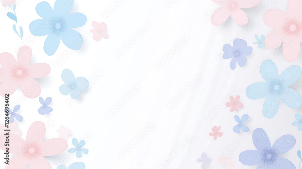 Soft pastel coloured flowers on white background with copy space.