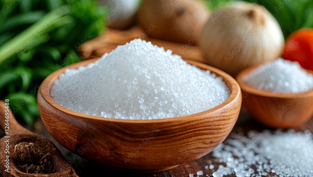 Close up of sea salt in rustic wooden bowl Close up of sea salt in rustic wooden bowl