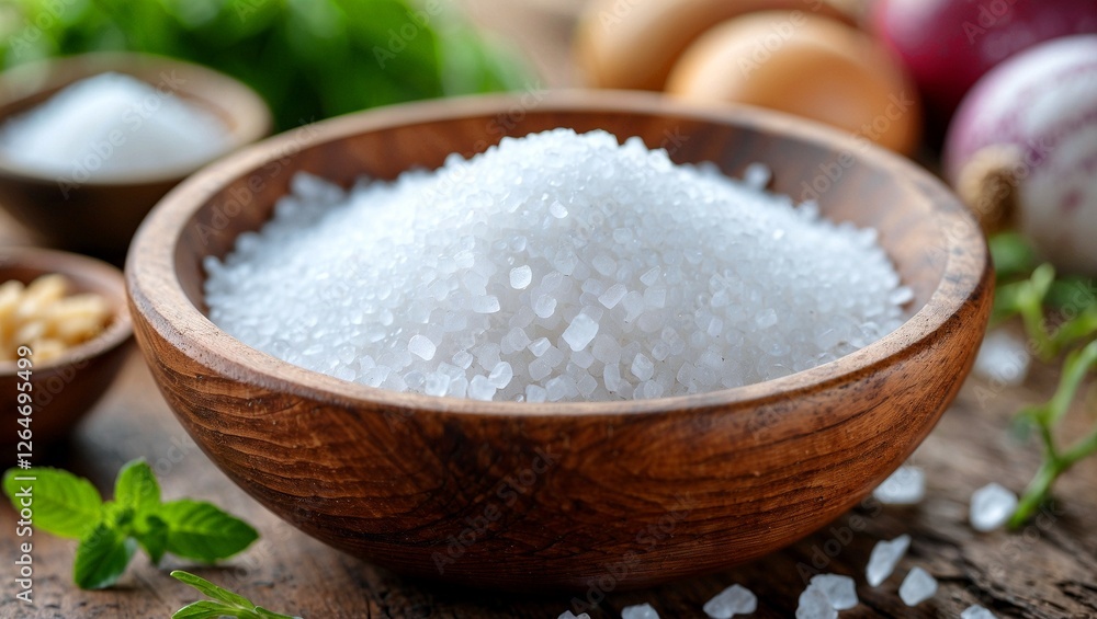Close up of sea salt in rustic wooden bowl Close up of sea salt in rustic wooden bowl