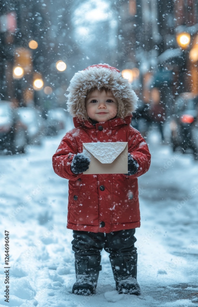Toddler Holding Envelope in Snowy Street, Wearing Red Parka and Black Pants Toddler Holding Envelope in Snowy Street, Wearing Red Parka and Black Pants