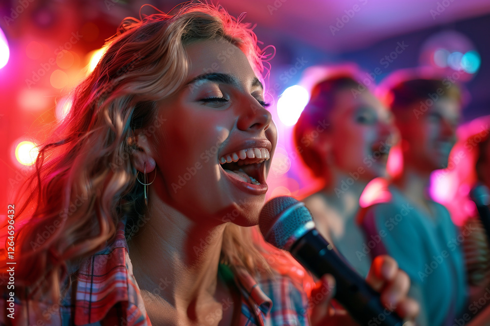 A woman singing into a microphone with a group of people around her, entertainment, nightclubs, karaoke bars, and other leisure venues. A woman singing into a microphone with a group of people around her, entertainment, nightclubs, karaoke bars, and other leisure venues.