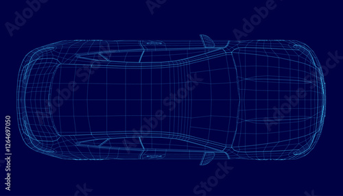 A car is shown in a blue color with a lot of detail. The car is shown in a 3D format, which gives it a futuristic look. The car is surrounded by a lot of lines. Top view
