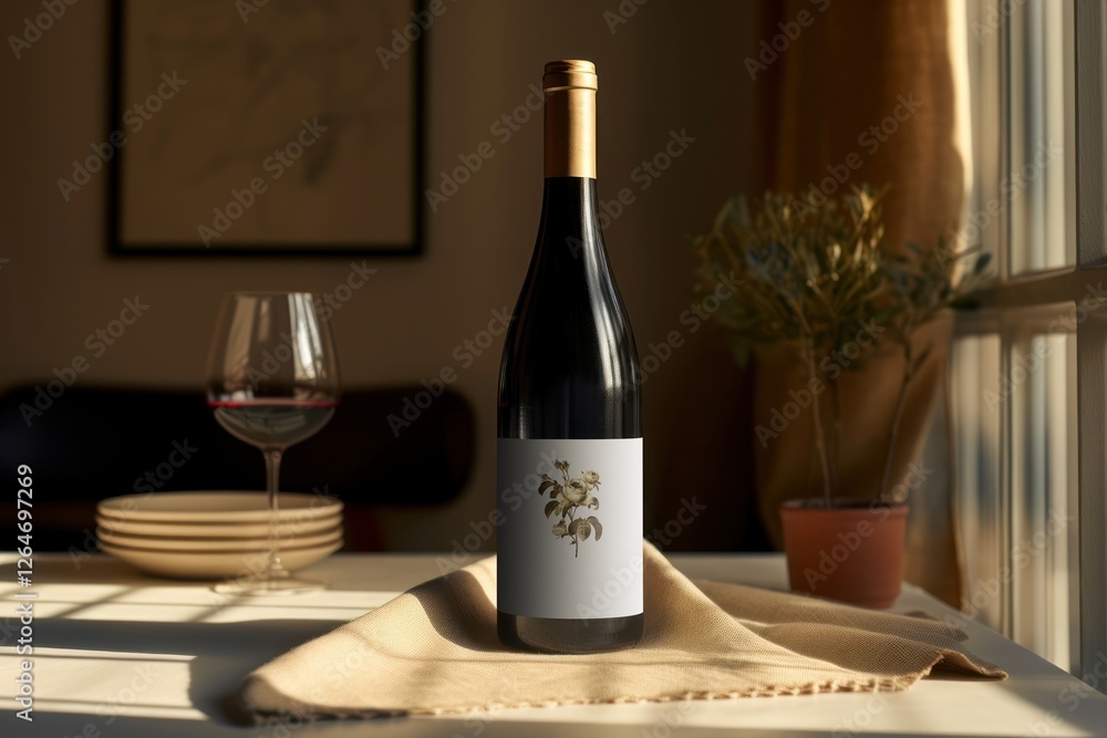 Fototapeta premium Red wine bottle, food packaging