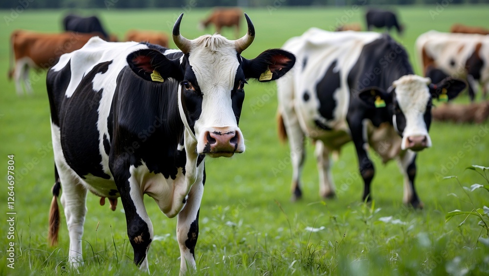 Curious black and white cow in lush green field Curious black and white cow in lush green field