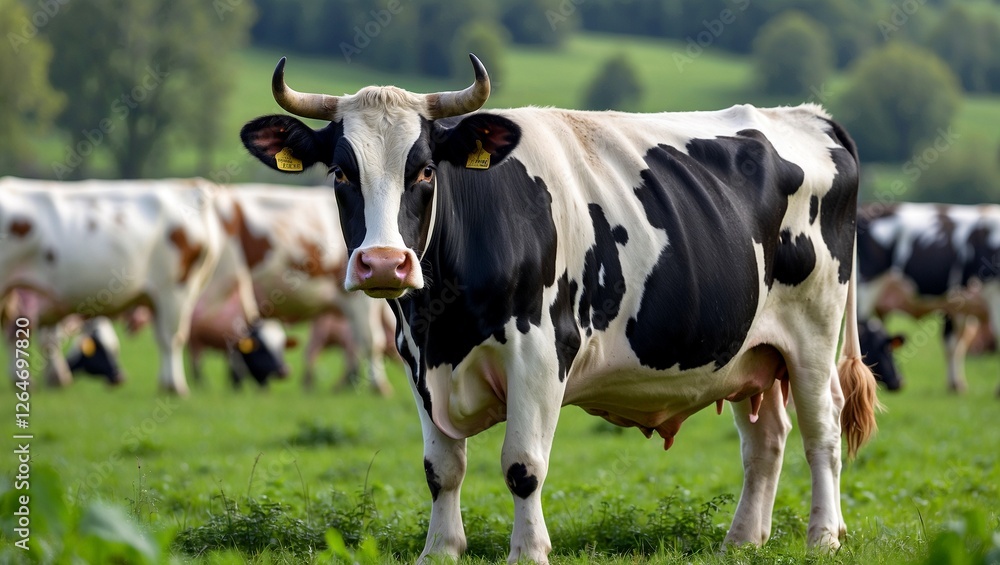 Curious black and white cow in lush green field Curious black and white cow in lush green field