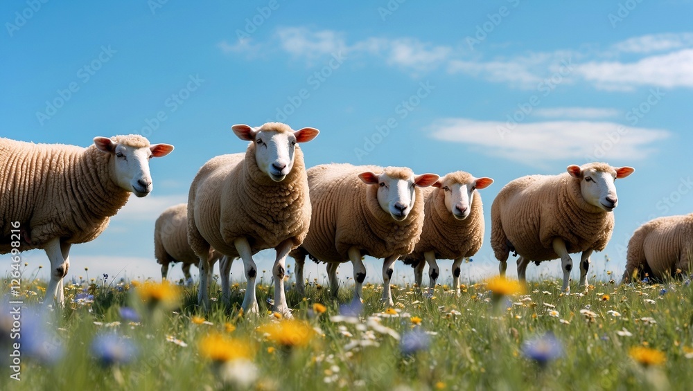 Fototapeta premium Curious sheep grazing among vibrant wildflowers under blue sky