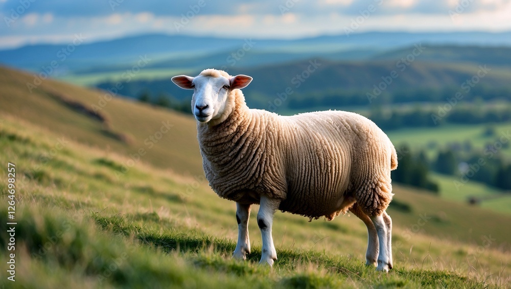 Curious sheep overlooking a scenic grassy hill Curious sheep overlooking a scenic grassy hill
