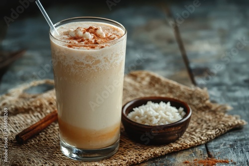 Refreshing Horchata in a tall glass, a traditional Mexican rice milk beverage dusted with cinnamon, served with a side of rice on rustic background, ready to enjoy