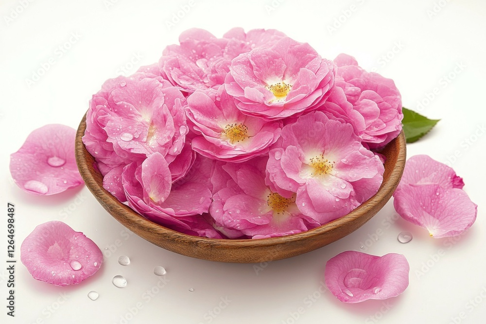 Damask Rose: Organic Pink Rose Flower Petals with Water Drops for Spa Treatment Damask Rose: Organic Pink Rose Flower Petals with Water Drops for Spa Treatment