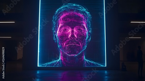 Captivating digital portrait of a human face with a futuristic glowing neon lighting effect creating a surreal cyberpunk inspired atmosphere