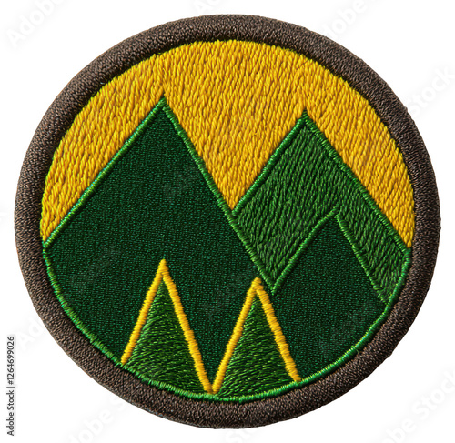 Embroidered Round Patch with Green Mountains Against Yellow Sky on Transparent Background
