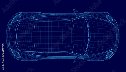 A car is shown in a blue color with a futuristic look. The car is shown in a 3D format, giving it a sleek and modern appearance. Concept of innovation and progress. Top view