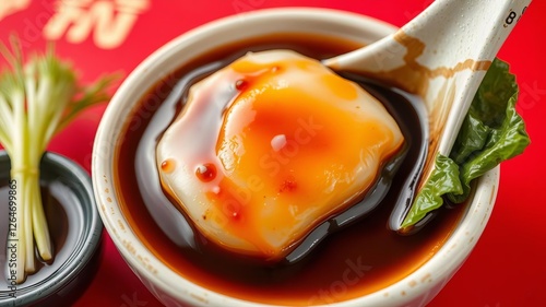 Close up of delicious turnip radish cake with soy sauce on red background, perfect for Chinese Lunar New Year celebration, local cuisine, lunar new year, food photo