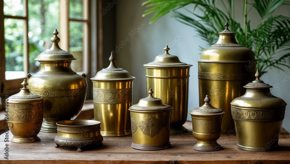 Elegant antique brass containers on wooden table Elegant antique brass containers on wooden table