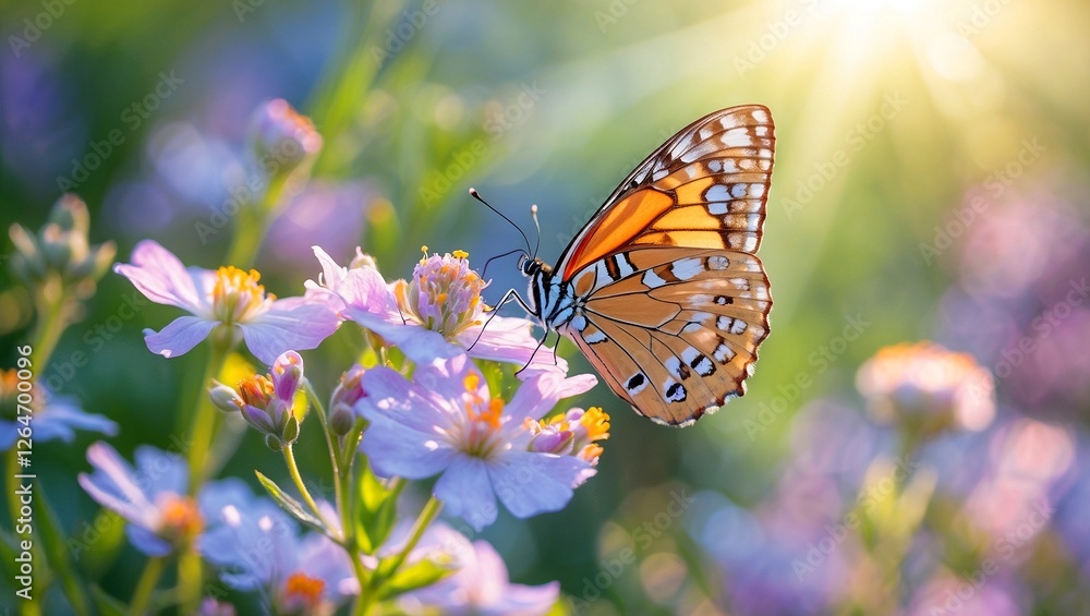 Naklejka premium Elegant butterfly resting on lush flowers in sunlight