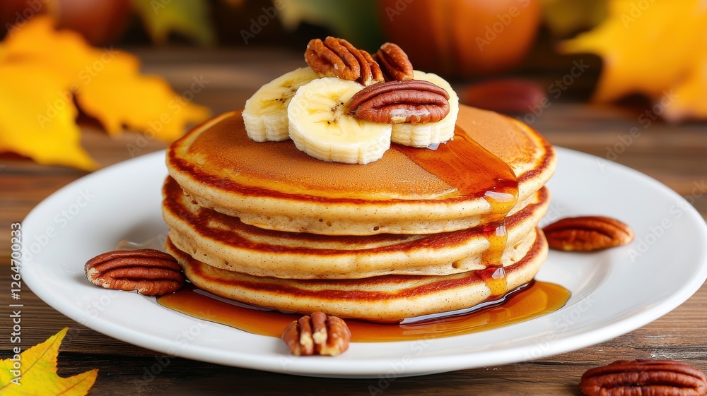 Delicious pancakes with bananas and pecans autumn setting food photo cozy kitchen warm vibes Delicious pancakes with bananas and pecans autumn setting food photo cozy kitchen warm vibes