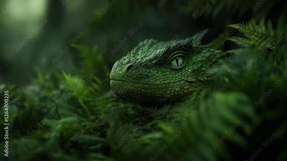Obraz premium green scaled dragon blends seamlessly into dense fern, master of camouflage, evoking feelings of mystery and hidden power
