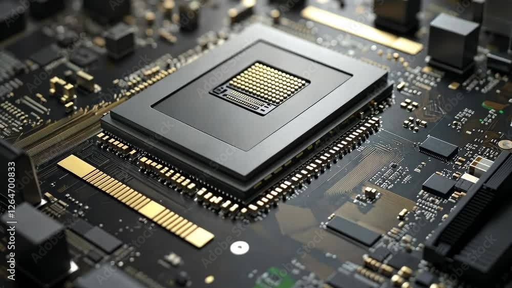 Close-up view of a modern computer processor and motherboard components with intricate details and connections Close-up view of a modern computer processor and motherboard components with intricate details and connections