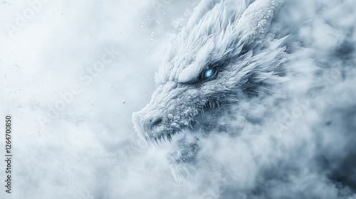 chilling frost dragon unleashes an ice storm over frozen landscape, eyes gleaming with icy power, dominating serene winter