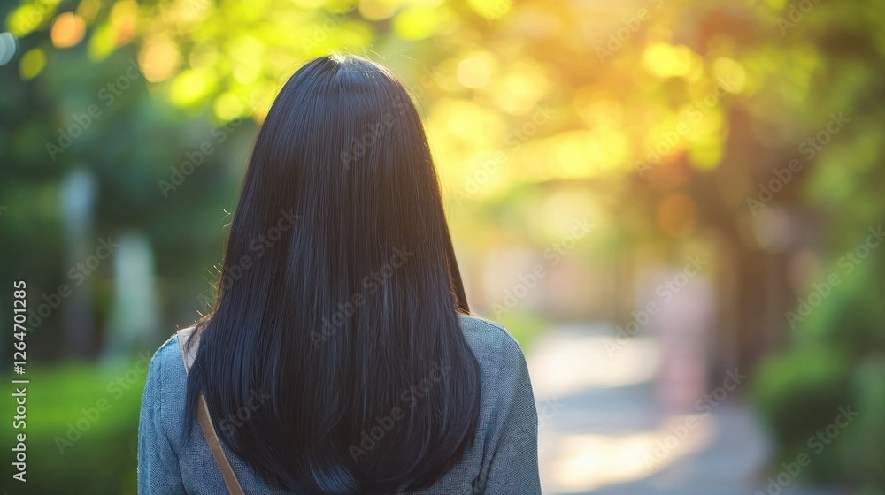A casual shot of a woman with shiny black hair walking outdoors. A casual shot of a woman with shiny black hair walking outdoors.