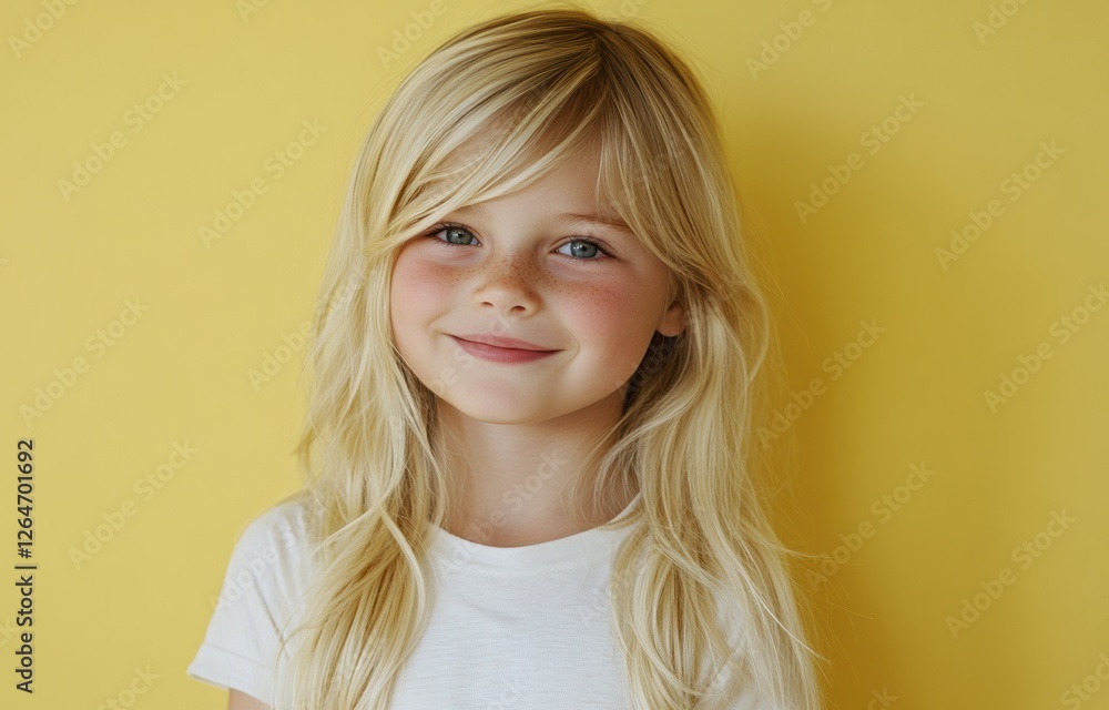 A cheerful girl with blonde hair and blue eyes smiles against a vivid yellow background, her matching shirt enhancing the lively feel.