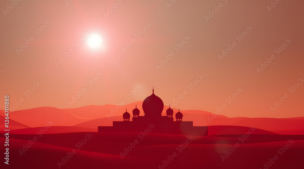 Fototapeta premium A Ramadan Kareem 2025 illustration showing a silhoutte of a mosque in the desert 