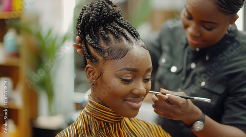 A professional black hair stylist using tools to create intricate braids on a client.
