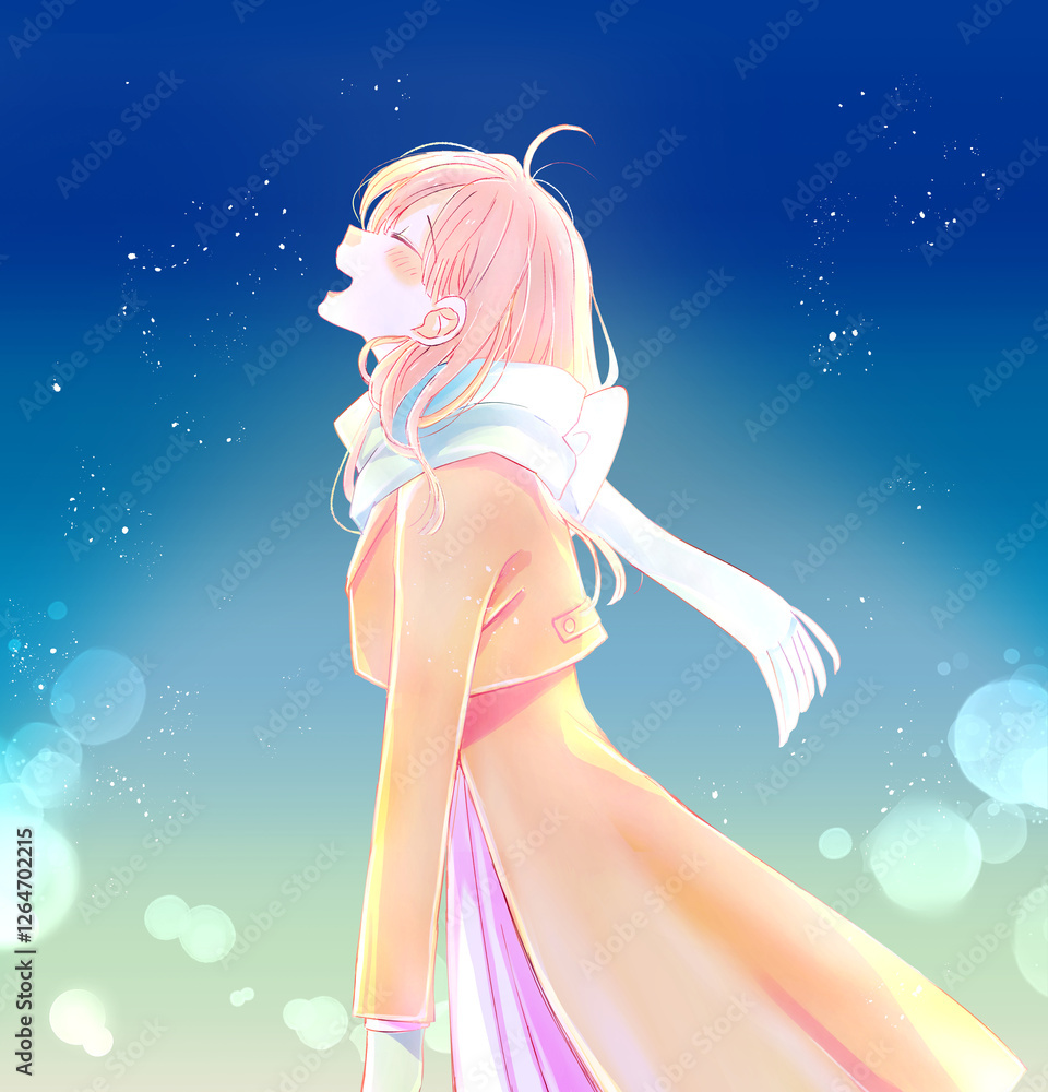 幸せそうな冬の女性　逆光　夜